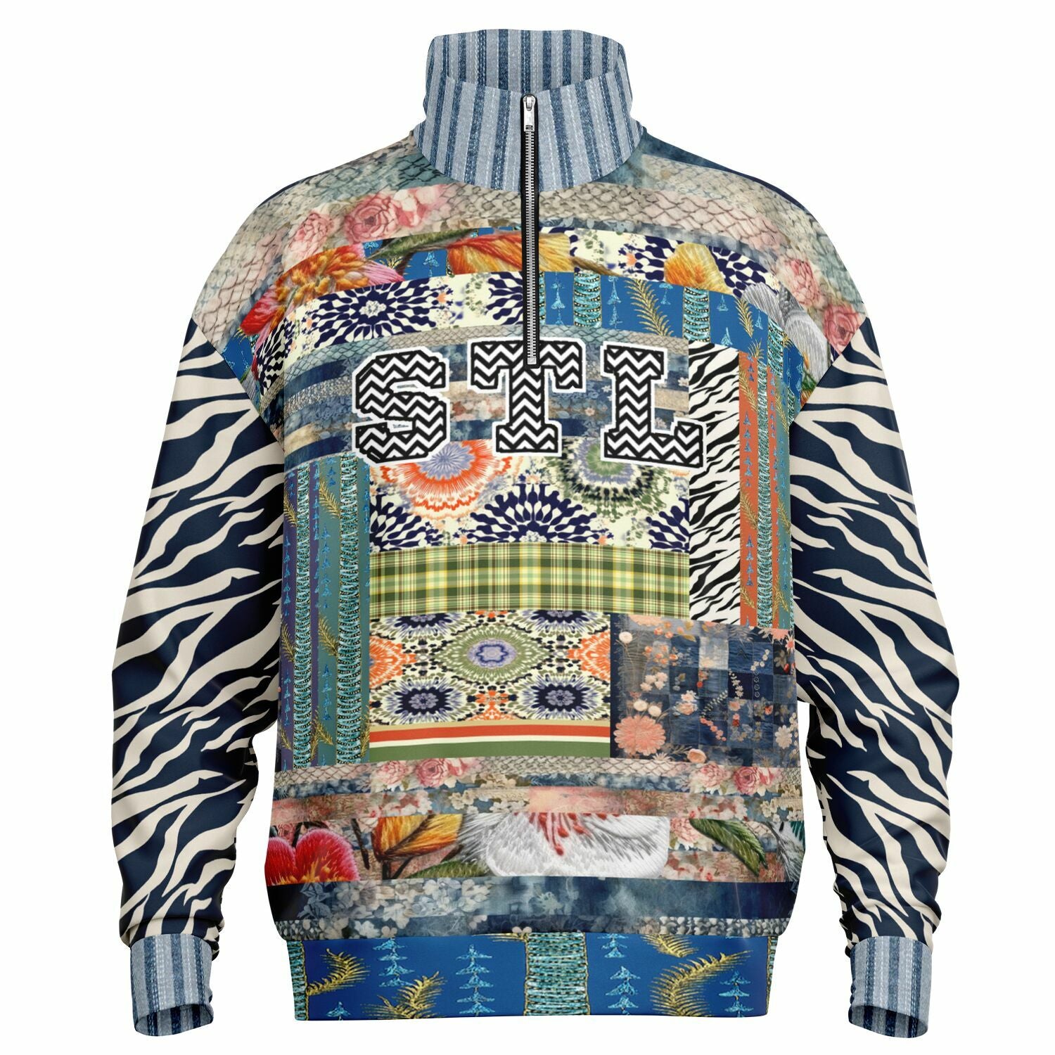 Wiosna Denim Floral Stripe and Zebra Patchwork Heavyweight Oversized Quarter Zip Sweatshirt