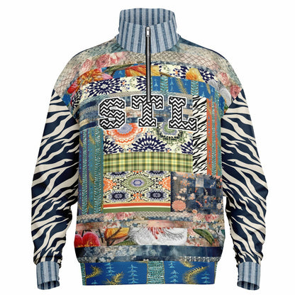 Wiosna Denim Floral Stripe and Zebra Patchwork Heavyweight Oversized Quarter Zip Sweatshirt