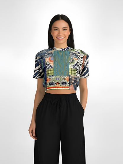 Wiosna Denim Floral Striped Patchwork Eco-Poly Short Sleeve Cropped Pullover