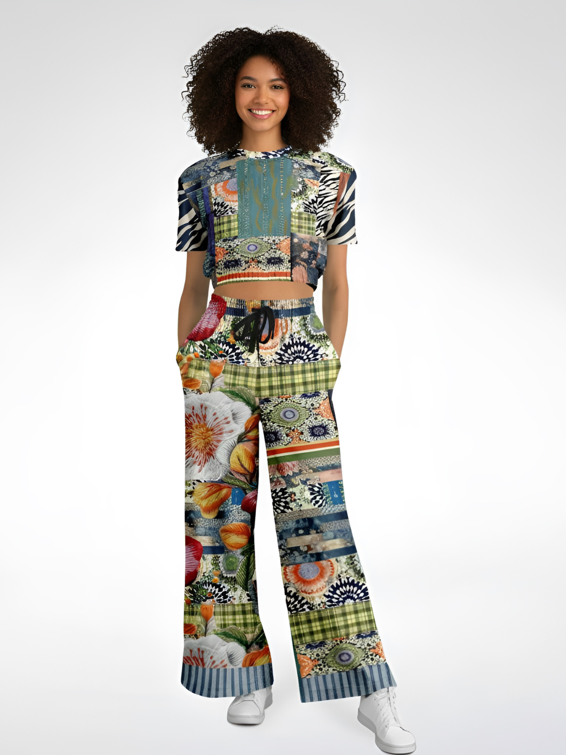 Wiosna Denim Floral Striped Patchwork Eco-Poly Short Sleeve Cropped Pullover