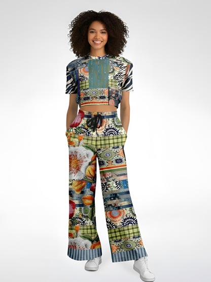 Wiosna Denim Floral Striped Patchwork Eco-Poly Short Sleeve Cropped Pullover