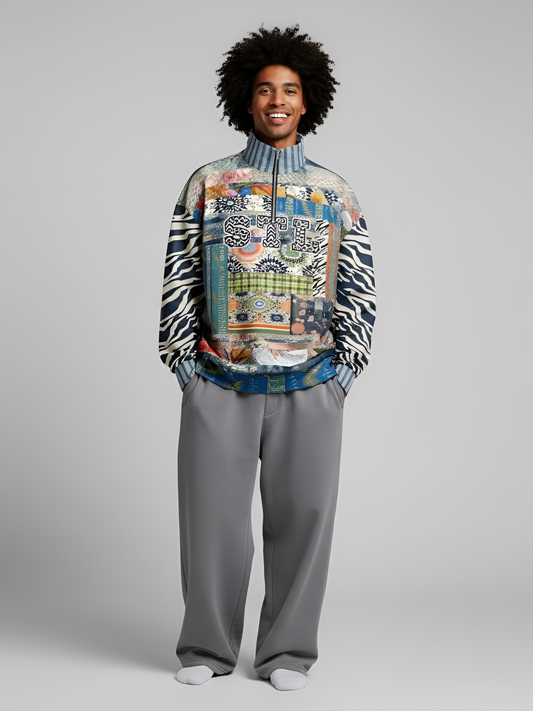 Wiosna Denim Floral Stripe and Zebra Patchwork Heavyweight Oversized Quarter Zip Sweatshirt