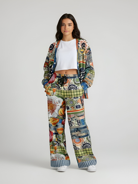 Wiosna Denim Floral Stripe and Zebra Patchwork Heavyweight Unisex Cardigan