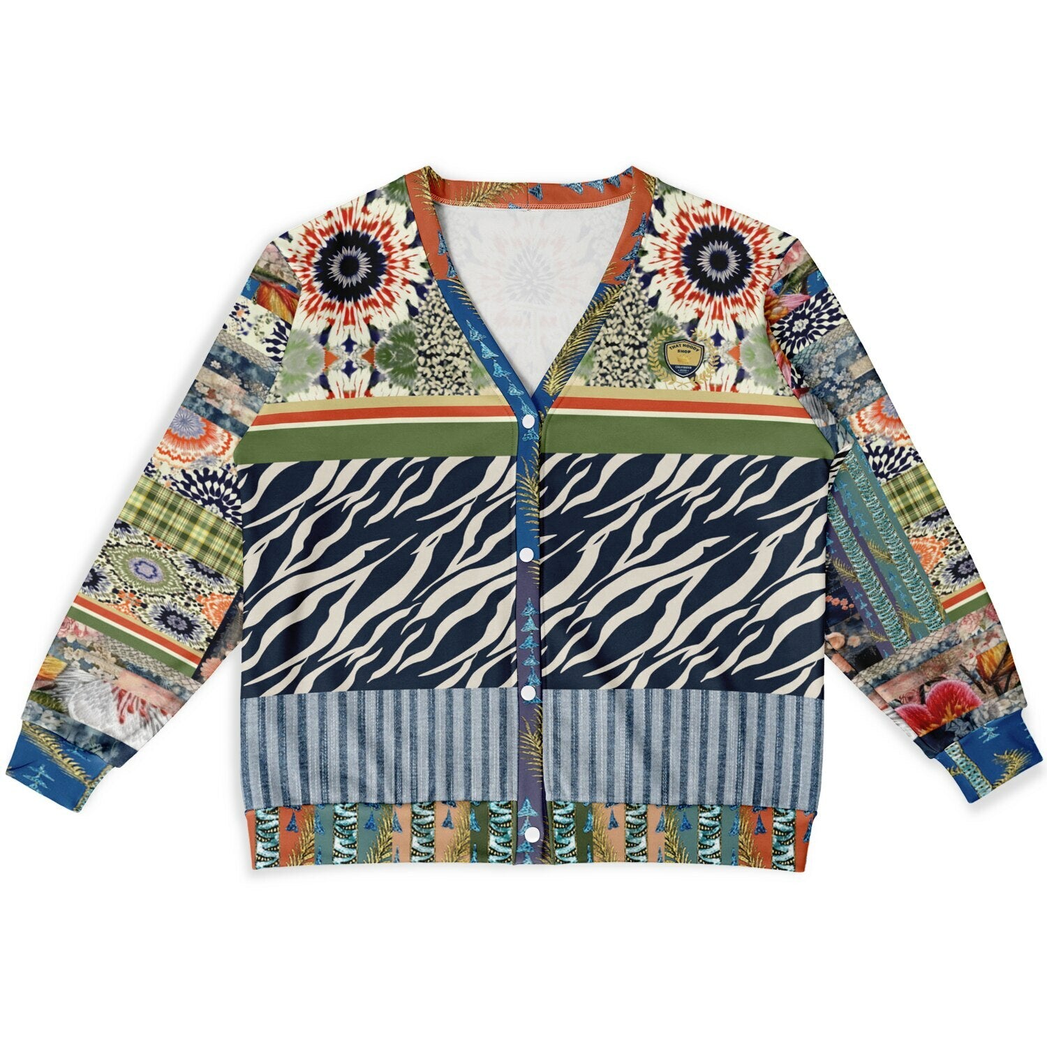 Wiosna Denim Floral Stripe and Zebra Patchwork Heavyweight Unisex Cardigan