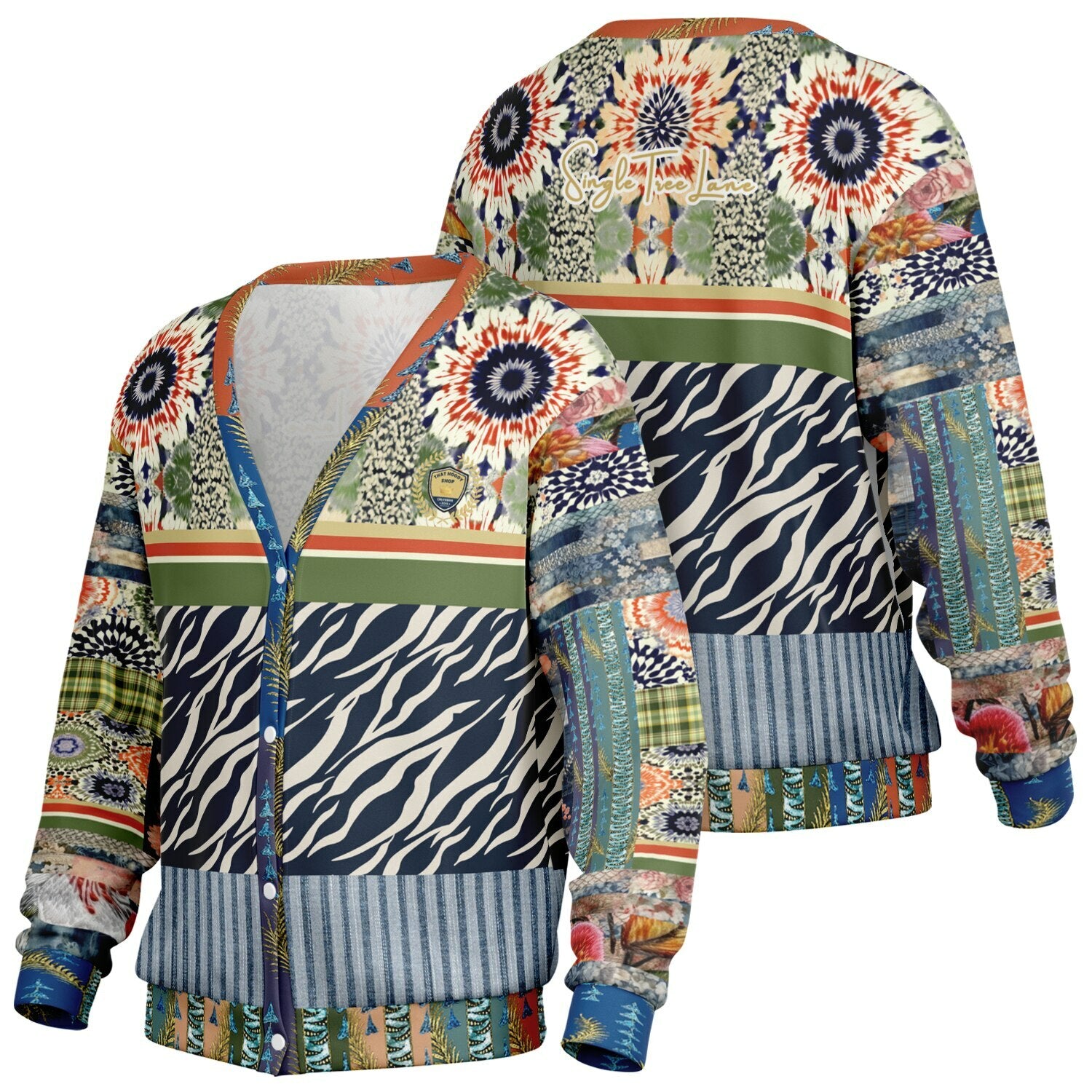 Wiosna Denim Floral Stripe and Zebra Patchwork Heavyweight Unisex Cardigan
