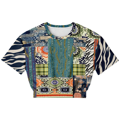 Wiosna Denim Floral Striped Patchwork Eco-Poly Short Sleeve Cropped Pullover