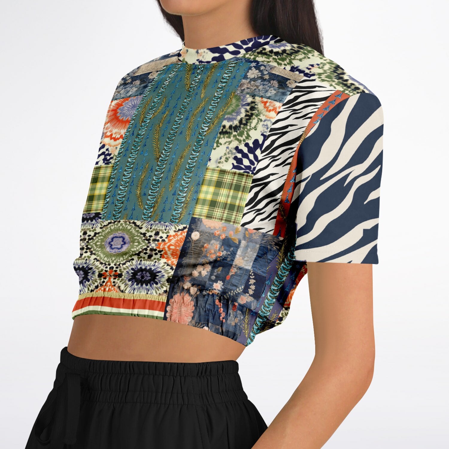 Wiosna Denim Floral Striped Patchwork Eco-Poly Short Sleeve Cropped Pullover