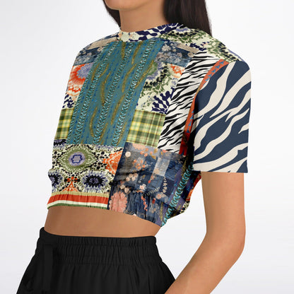 Wiosna Denim Floral Striped Patchwork Eco-Poly Short Sleeve Cropped Pullover