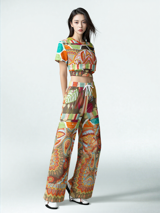 Wyatt Earth Retro 70s Paisley Print Wide Leg Pants