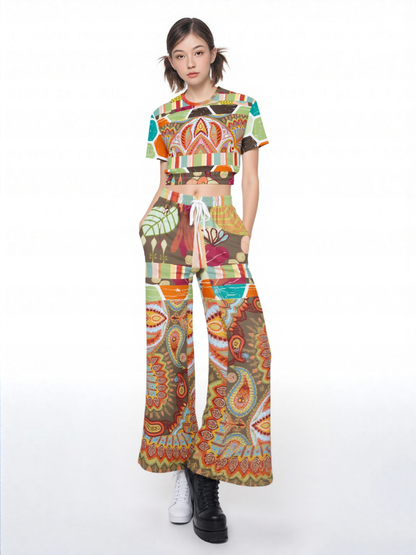 Wyatt Earth Retro 70s Paisley Print Wide Leg Pants