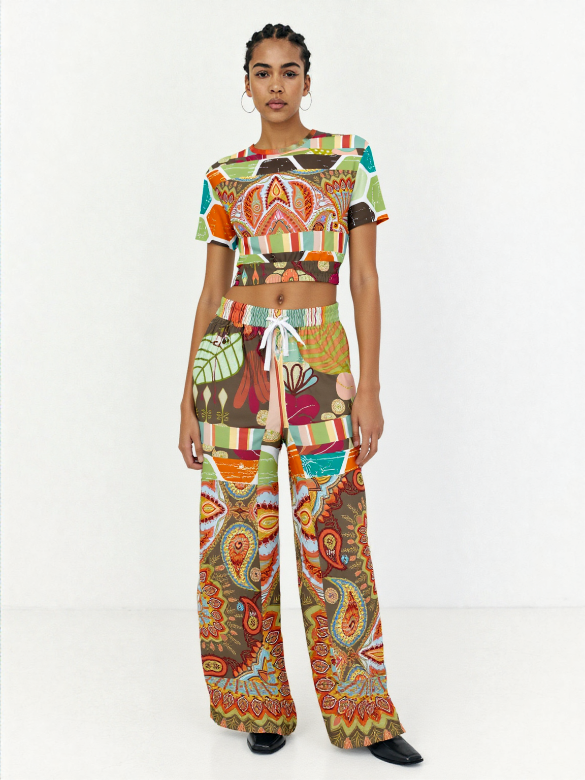 Wyatt Earth Retro 70s Paisley Print Wide Leg Pants