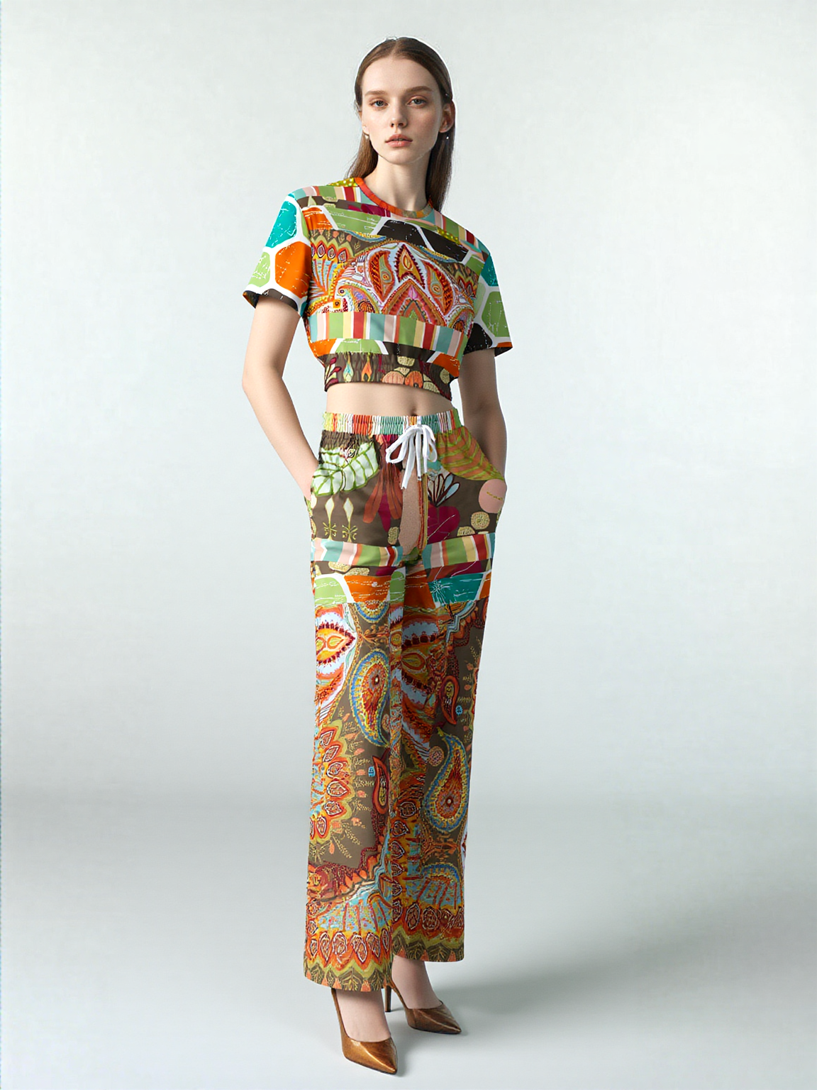 Wyatt Earth Retro 70s Paisley Print Wide Leg Pants