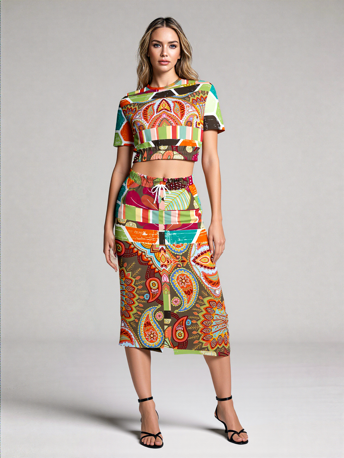 Wyatt Earth Retro 70s Paisley Print Eco-Poly Long Pocket Skirt