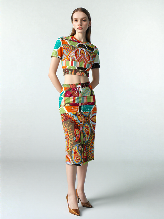 Wyatt Earth Retro 70s Paisley Print Eco-Poly Long Pocket Skirt