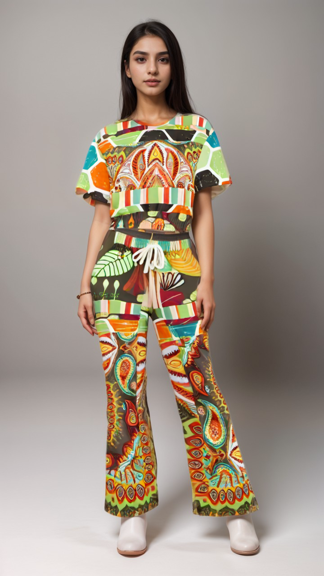 Wyatt Earth Retro 70s Paisley Print Eco-Poly Short Sleeve Cropped Pullover