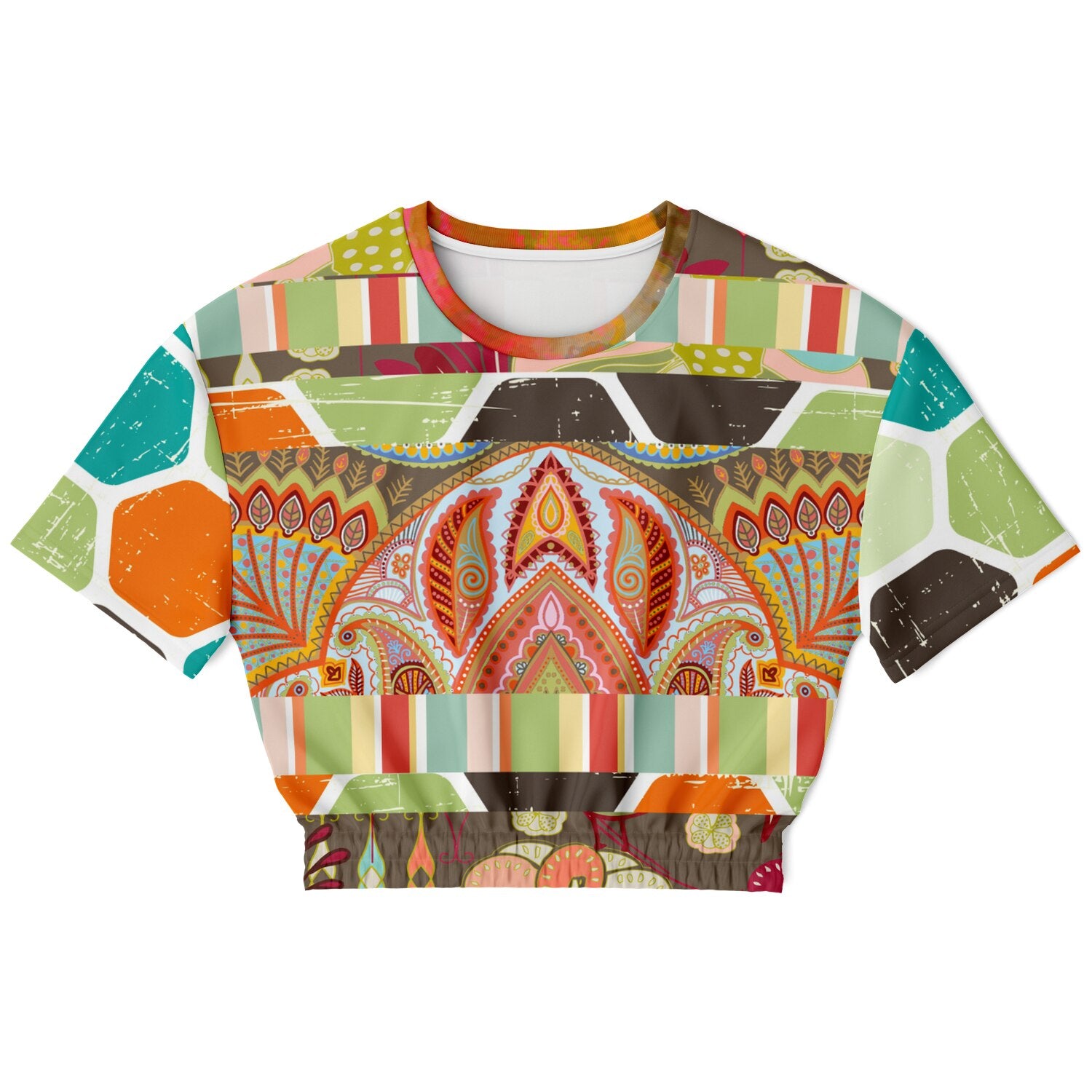 Wyatt Earth Retro 70s Paisley Print Eco-Poly Short Sleeve Cropped Pullover