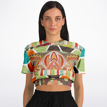 Wyatt Earth Retro 70s Paisley Print Eco-Poly Short Sleeve Cropped Pullover