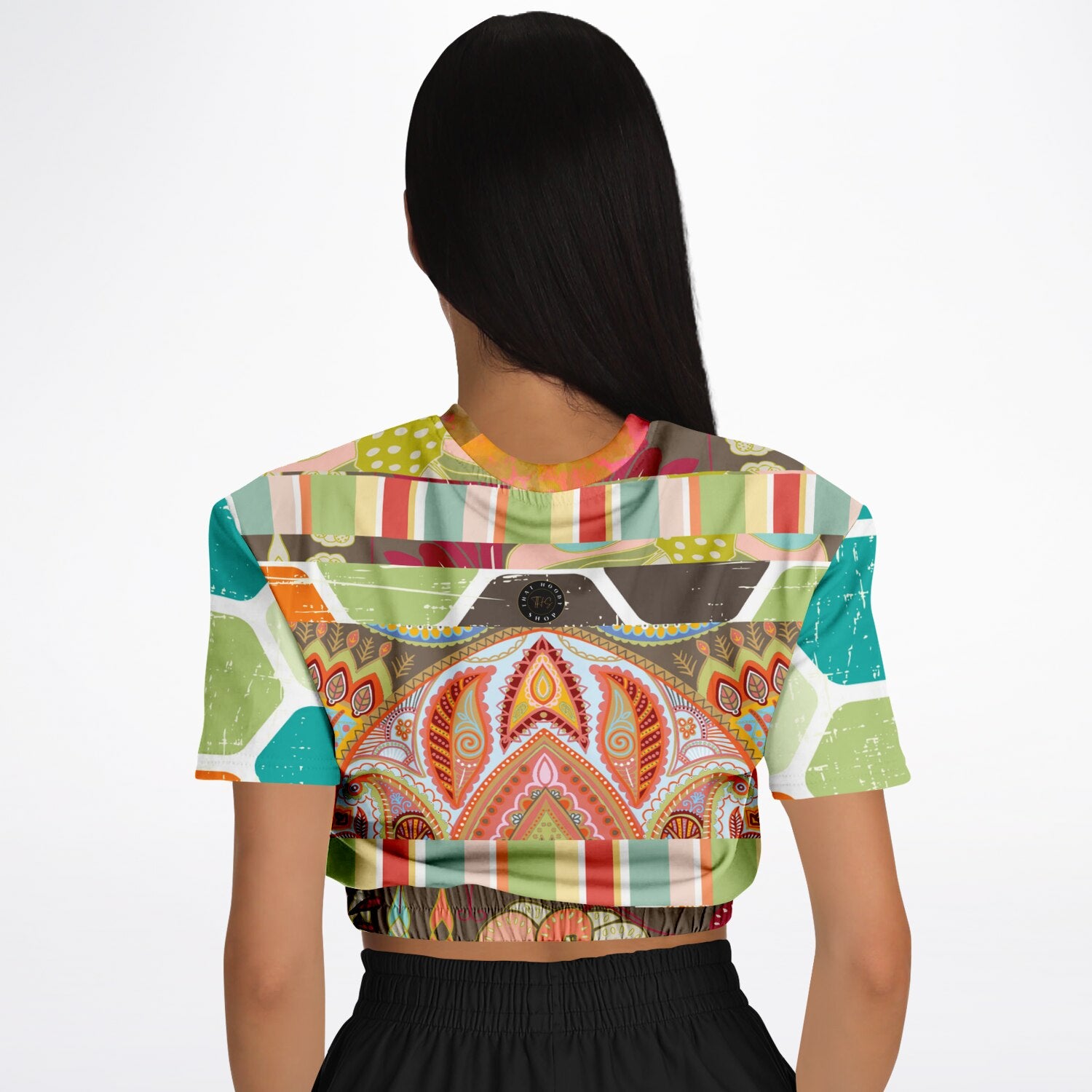 Wyatt Earth Retro 70s Paisley Print Eco-Poly Short Sleeve Cropped Pullover