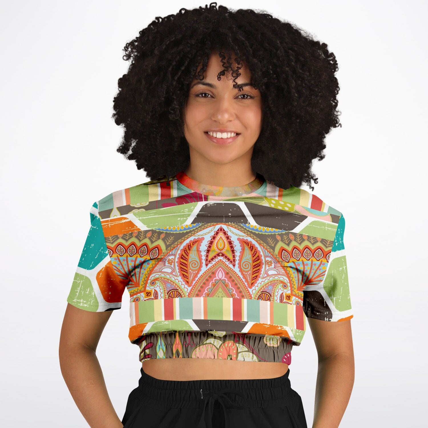Wyatt Earth Retro 70s Paisley Print Eco-Poly Short Sleeve Cropped Pullover