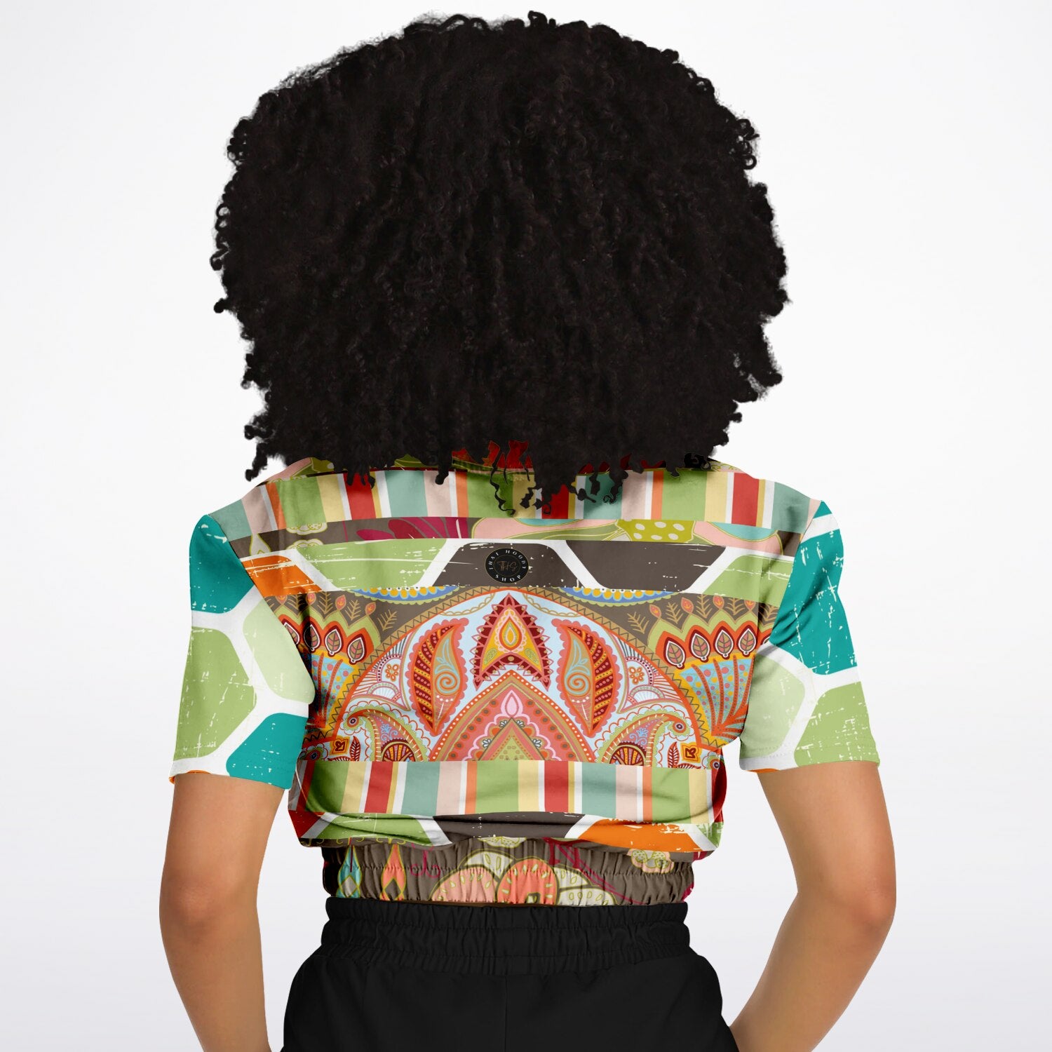 Wyatt Earth Retro 70s Paisley Print Eco-Poly Short Sleeve Cropped Pullover