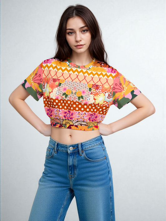 Yogananda Striped Floral Patchwork Eco-Poly Short Sleeve Cropped Pullover