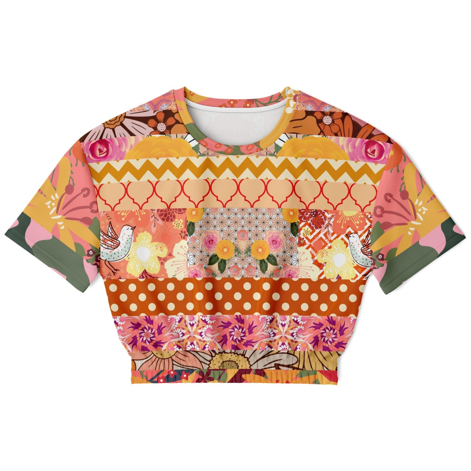 Yogananda Striped Floral Patchwork Eco-Poly Short Sleeve Cropped Pullover