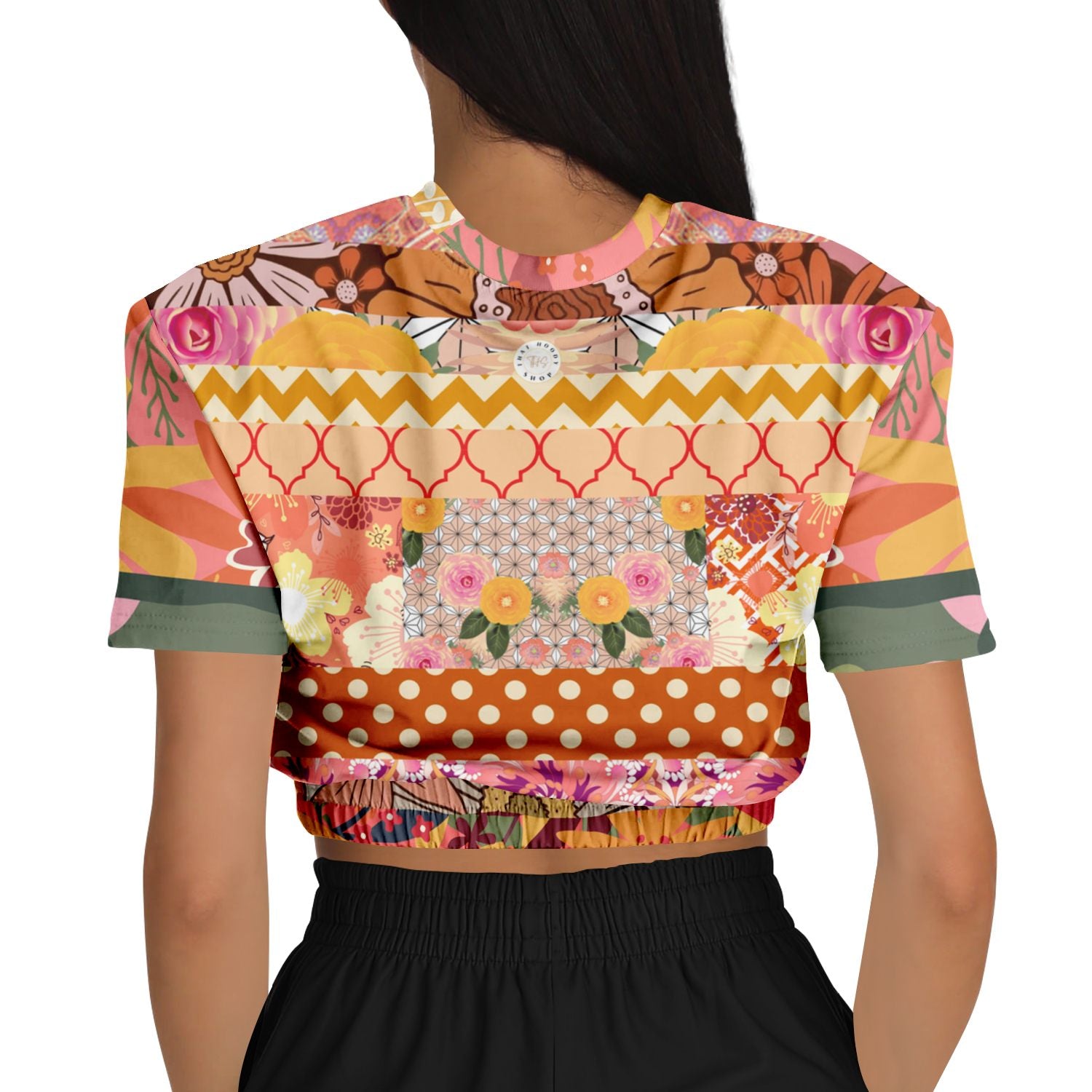 Yogananda Striped Floral Patchwork Eco-Poly Short Sleeve Cropped Pullover