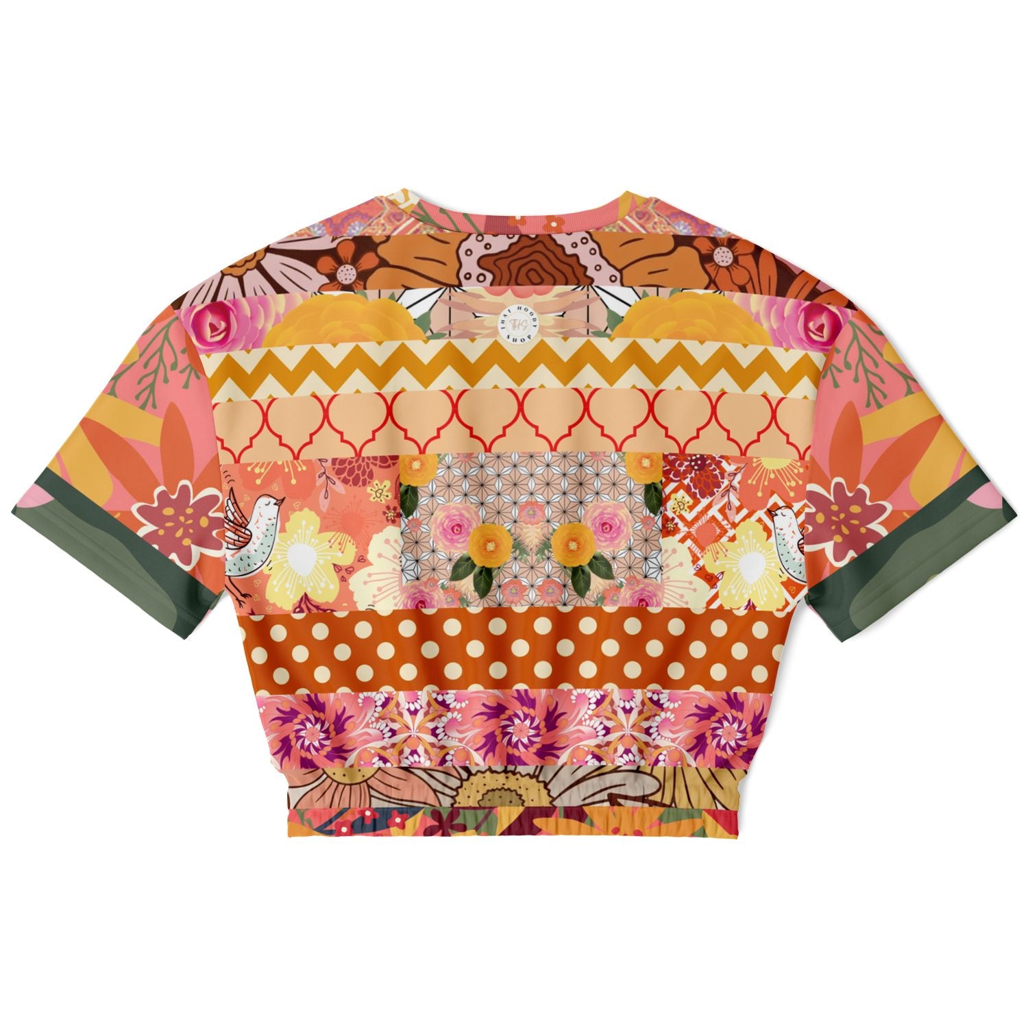 Yogananda Striped Floral Patchwork Eco-Poly Short Sleeve Cropped Pullover