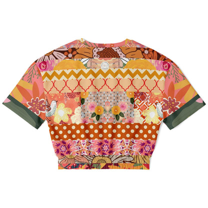 Yogananda Striped Floral Patchwork Eco-Poly Short Sleeve Cropped Pullover