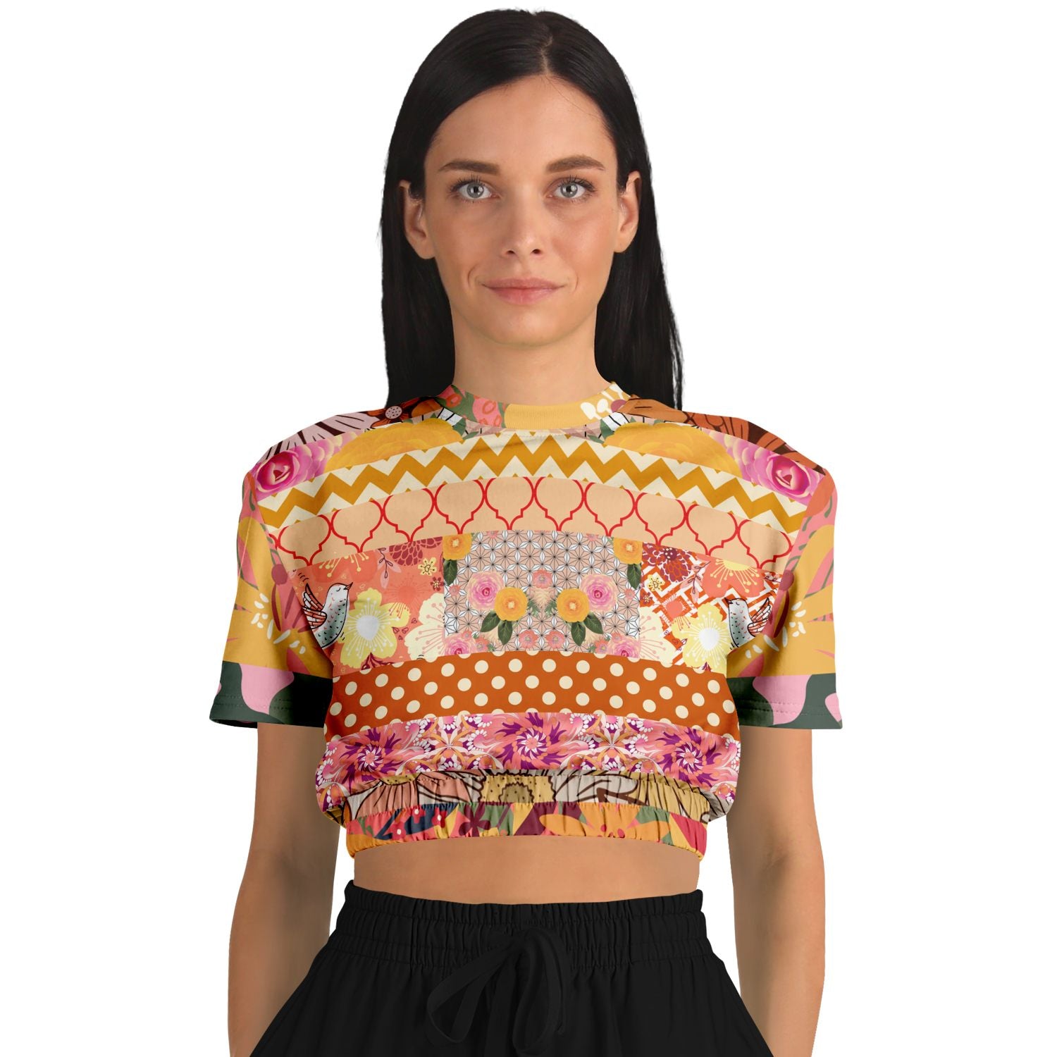Yogananda Striped Floral Patchwork Eco-Poly Short Sleeve Cropped Pullover