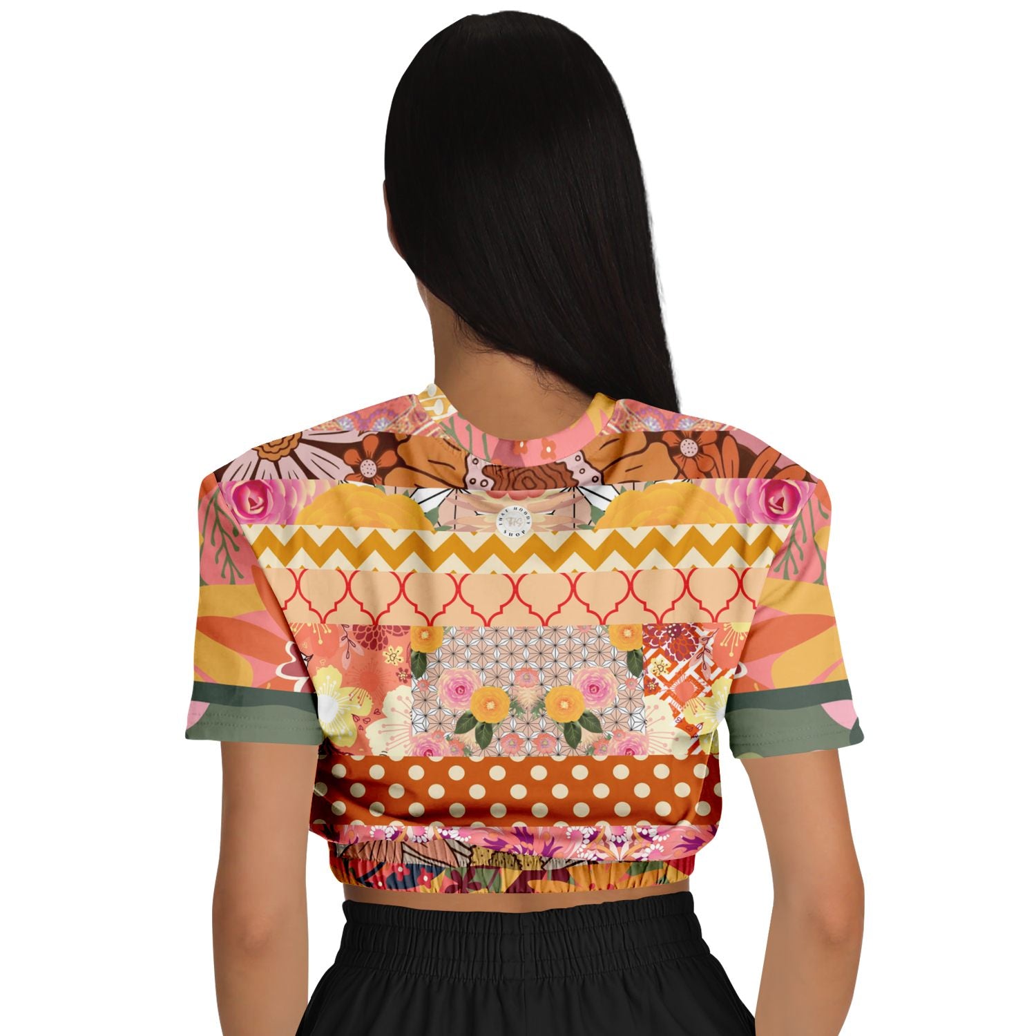 Yogananda Striped Floral Patchwork Eco-Poly Short Sleeve Cropped Pullover