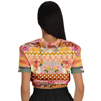 Yogananda Striped Floral Patchwork Eco-Poly Short Sleeve Cropped Pullover