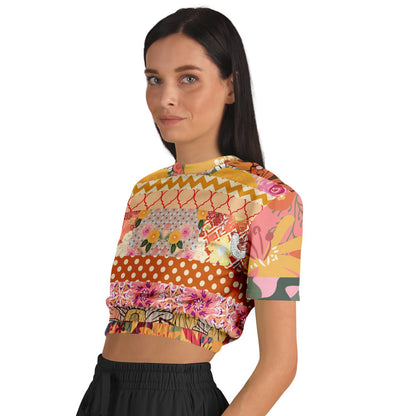 Yogananda Striped Floral Patchwork Eco-Poly Short Sleeve Cropped Pullover
