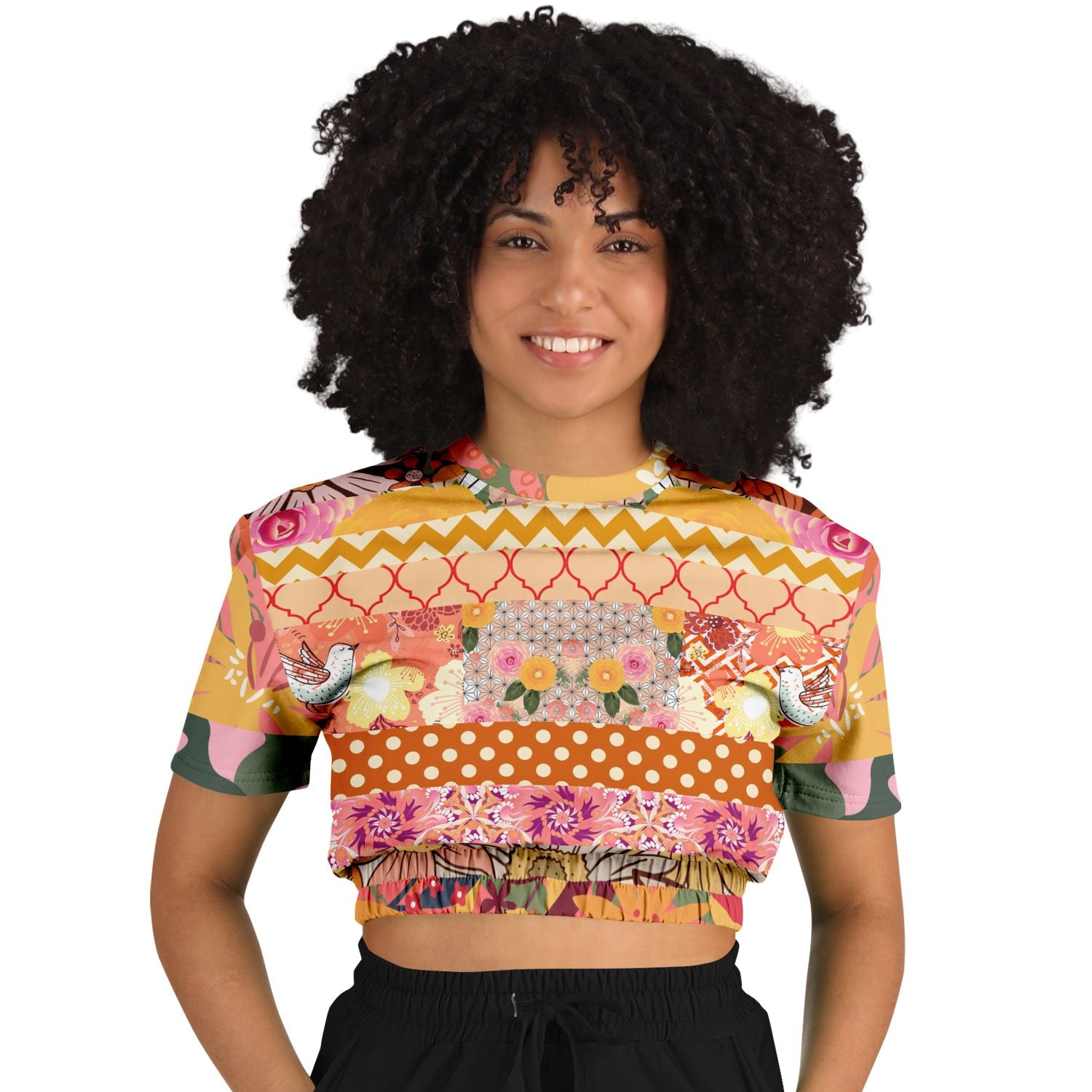 Yogananda Striped Floral Patchwork Eco-Poly Short Sleeve Cropped Pullover