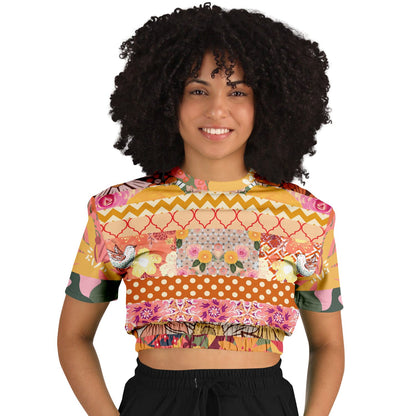 Yogananda Striped Floral Patchwork Eco-Poly Short Sleeve Cropped Pullover