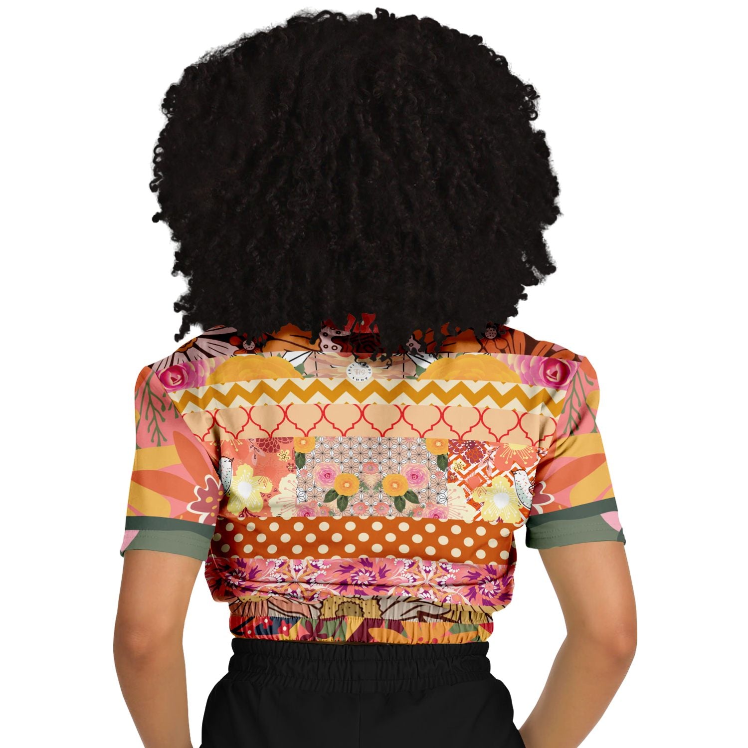 Yogananda Striped Floral Patchwork Eco-Poly Short Sleeve Cropped Pullover