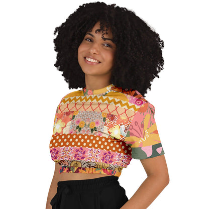 Yogananda Striped Floral Patchwork Eco-Poly Short Sleeve Cropped Pullover