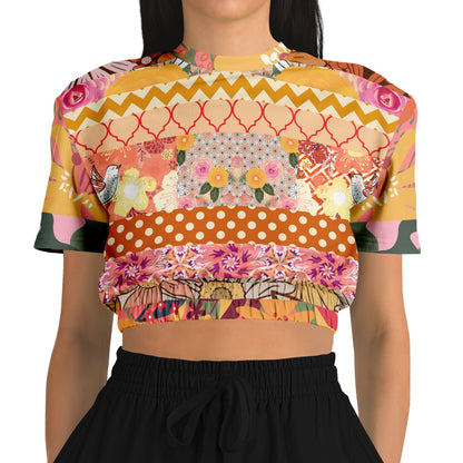 Yogananda Striped Floral Patchwork Eco-Poly Short Sleeve Cropped Pullover