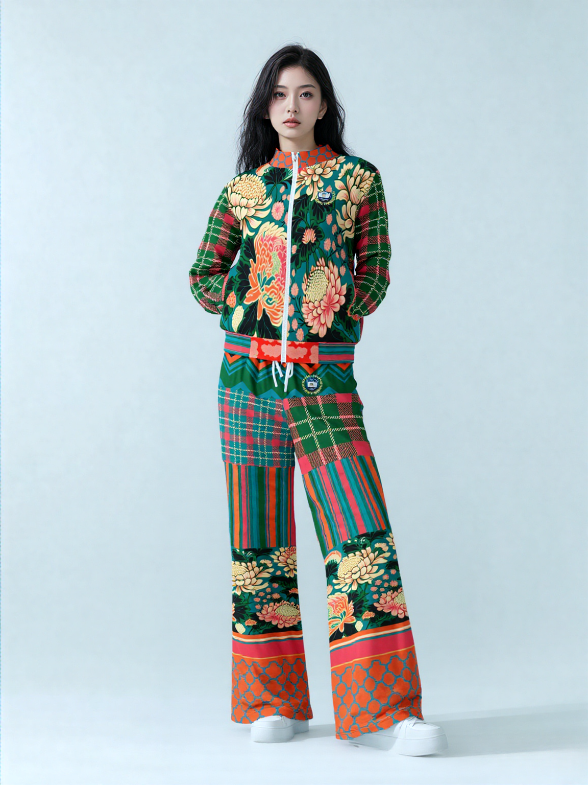 Zen Blossom Chrysanthemum Plaid Stripe Eco-Poly Wide Leg Pants