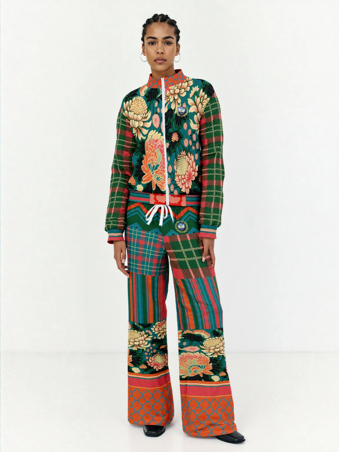 Zen Blossom Chrysanthemum in Green Asian Floral Plaid Unisex Eco-Poly Track Jacket