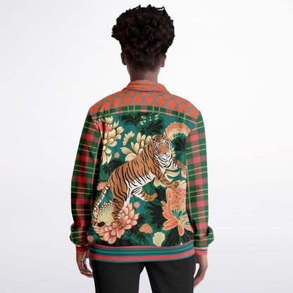 Zen Blossom Chrysanthemum in Green Asian Floral Plaid Unisex Eco-Poly Track Jacket