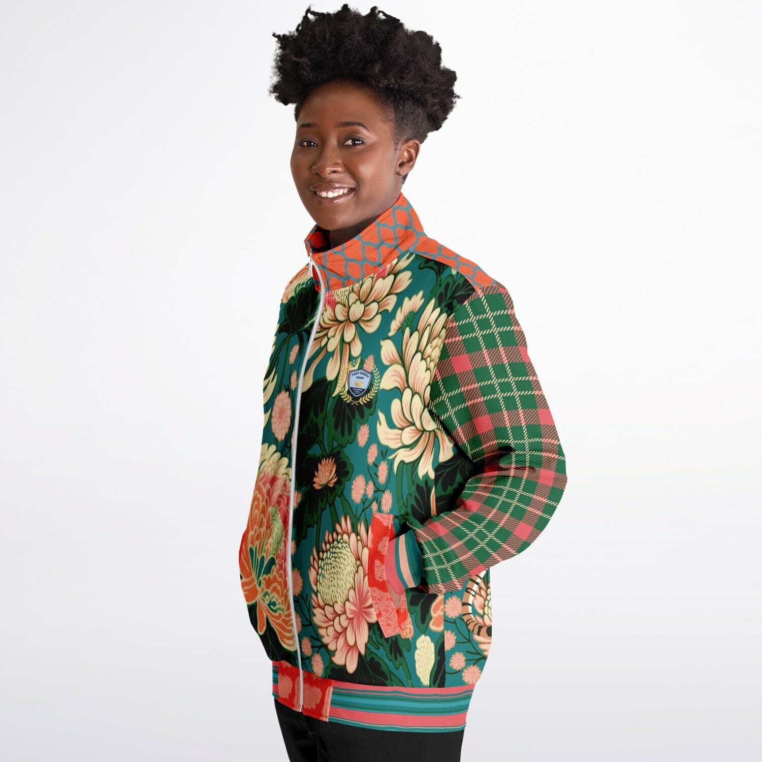 Zen Blossom Chrysanthemum in Green Asian Floral Plaid Unisex Eco-Poly Track Jacket