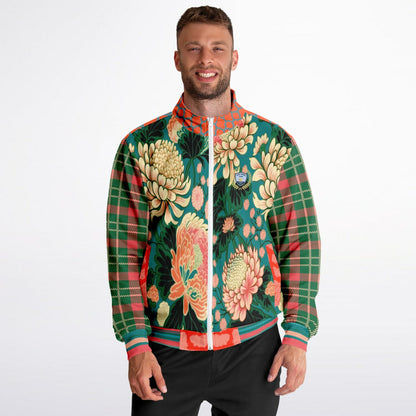 Zen Blossom Chrysanthemum in Green Asian Floral Plaid Unisex Eco-Poly Track Jacket