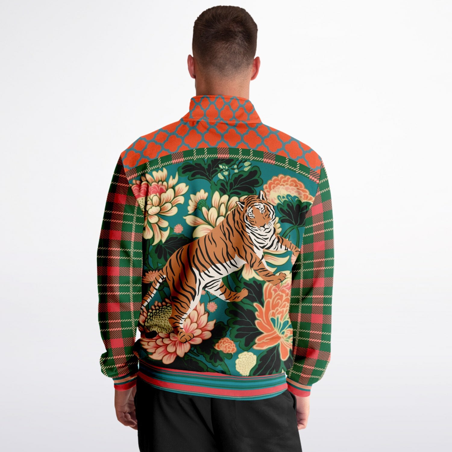 Zen Blossom Chrysanthemum in Green Asian Floral Plaid Unisex Eco-Poly Track Jacket