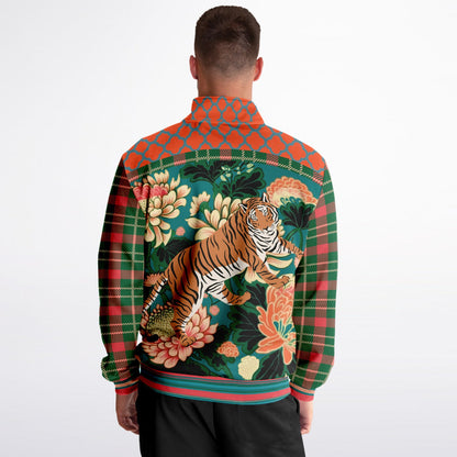 Zen Blossom Chrysanthemum in Green Asian Floral Plaid Unisex Eco-Poly Track Jacket