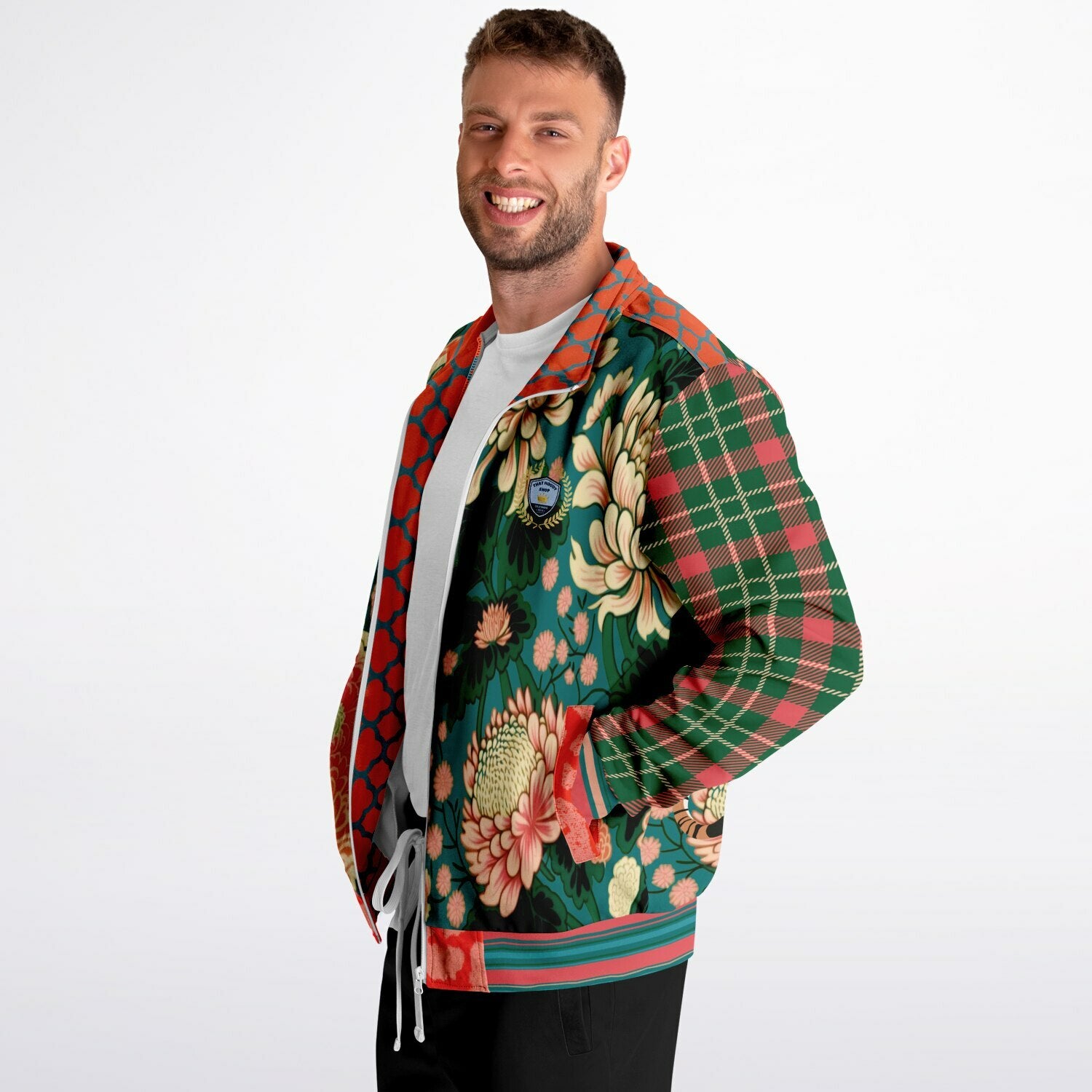 Zen Blossom Chrysanthemum in Green Asian Floral Plaid Unisex Eco-Poly Track Jacket