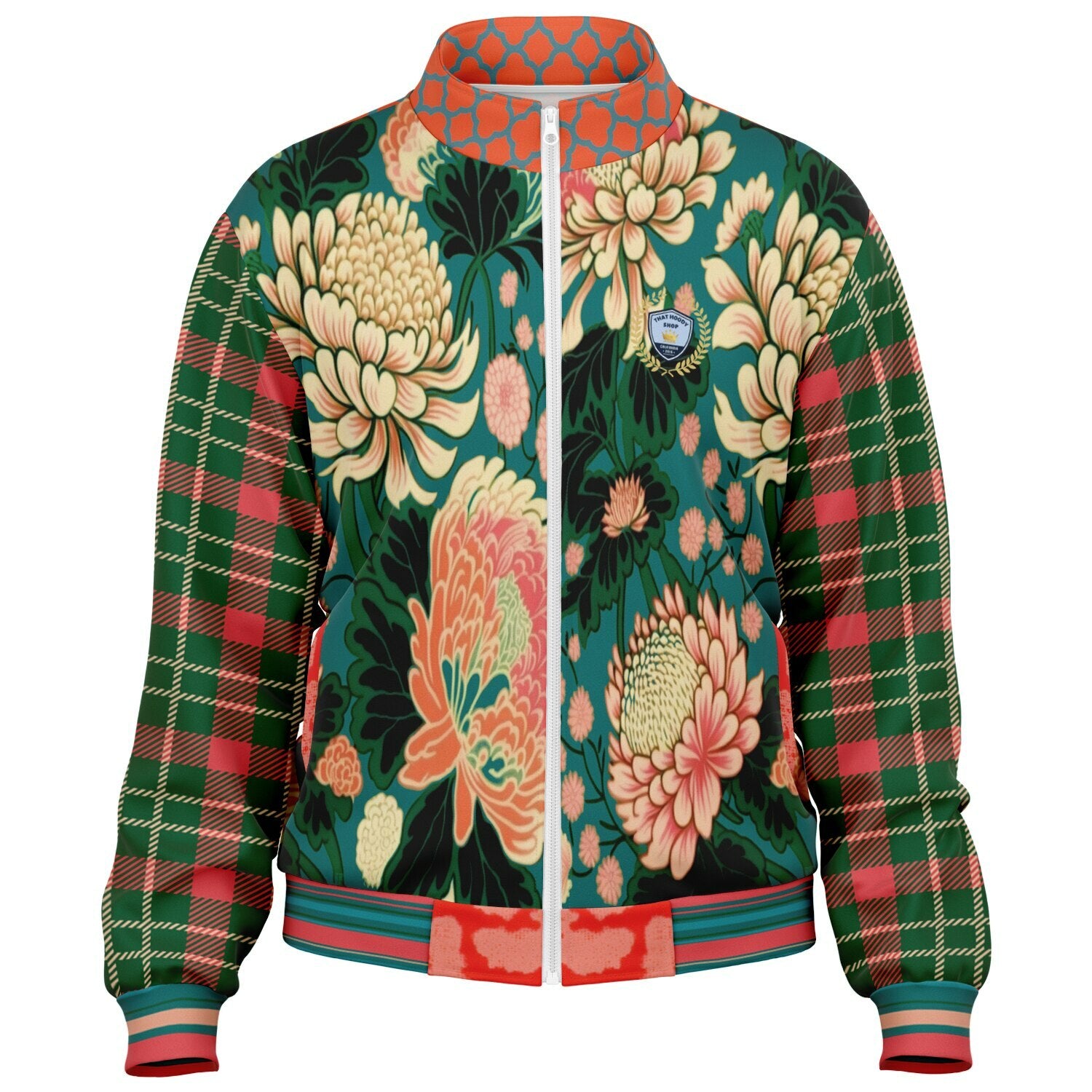 Zen Blossom Chrysanthemum in Green Asian Floral Plaid Unisex Eco-Poly Track Jacket