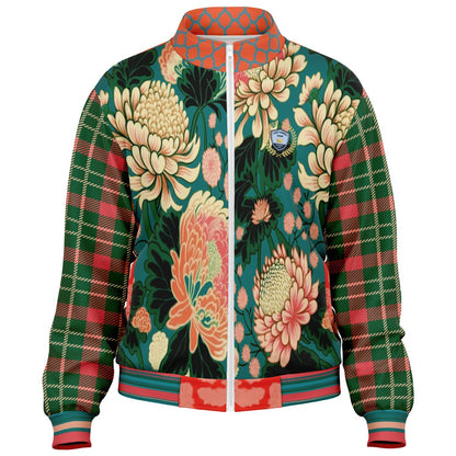 Zen Blossom Chrysanthemum in Green Asian Floral Plaid Unisex Eco-Poly Track Jacket