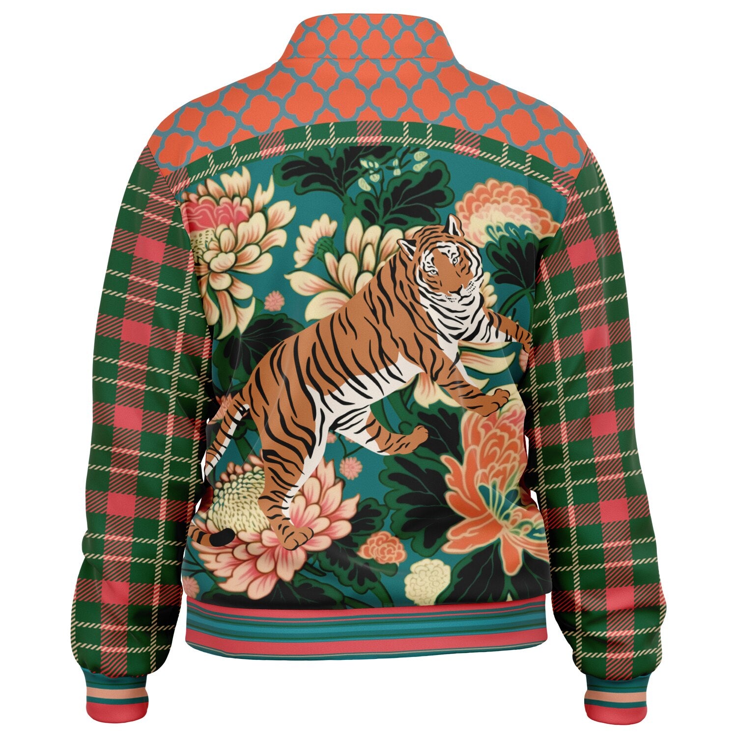 Zen Blossom Chrysanthemum in Green Asian Floral Plaid Unisex Eco-Poly Track Jacket