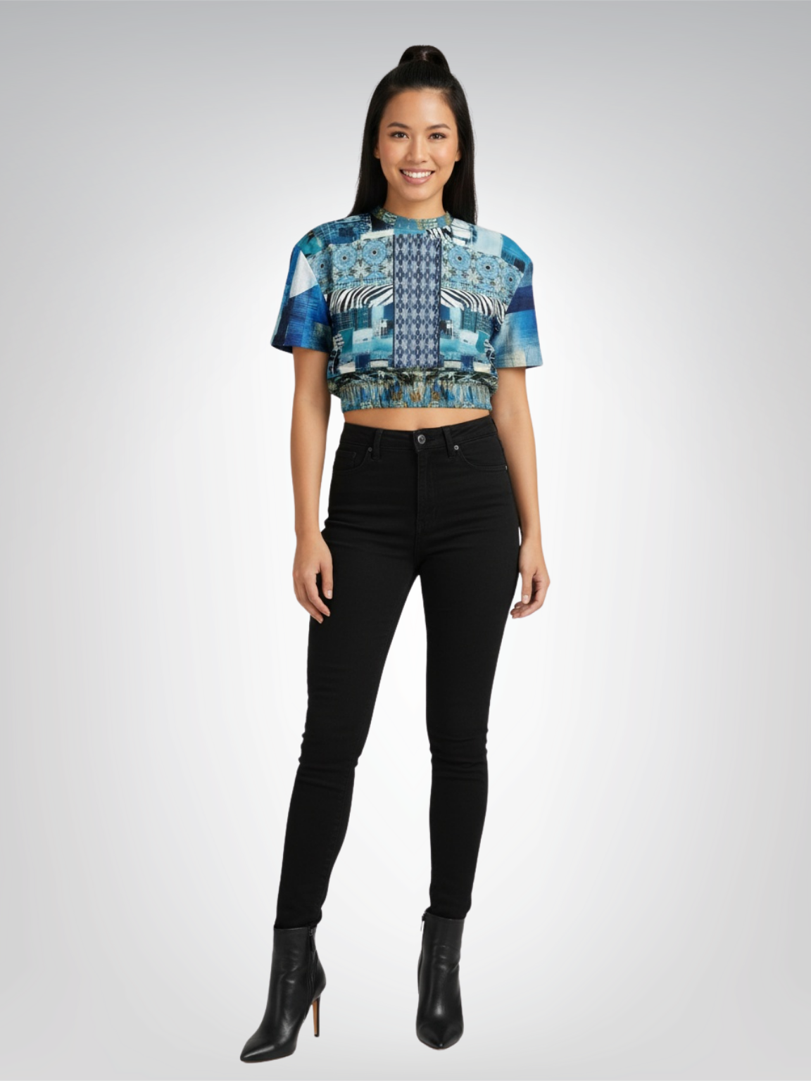 Zima in Frost Patchwork Print Eco-Poly Short Sleeve Cropped Pullover